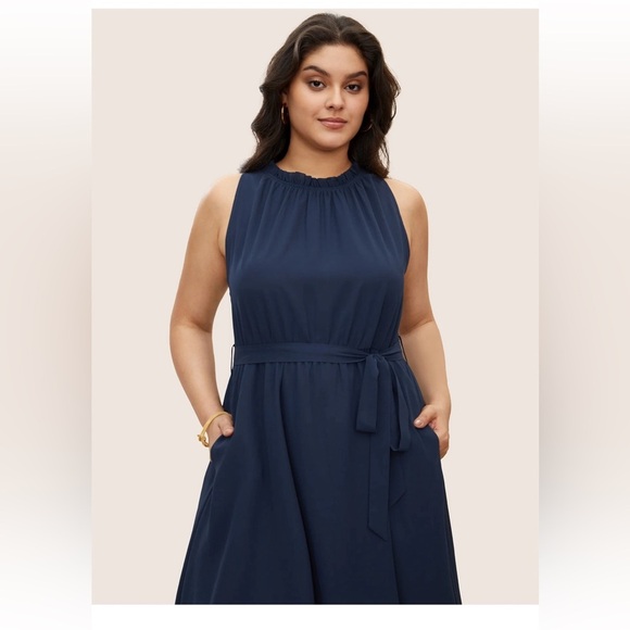 BloomChic Plain Sleeveless Frill Trim Pocket Belted Mock Neck Dress - Picture 3 of 8